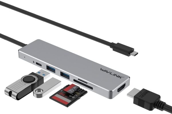USB C Hub Docking Adapter, WAVLINK 6 in 1 Ultra-Slim Data USB C to HDMI Multiport Dongle Charging Power up to 100W